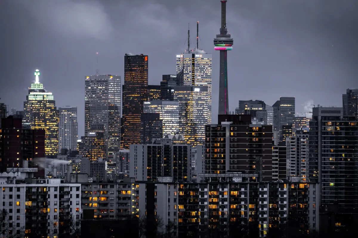 Apartment buildings across a city skyline